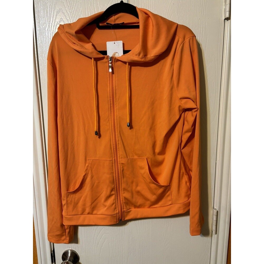 Pretty Garden Womans XXL Zip Up Orange Light Weight Jacket With Hood Pockets NEW